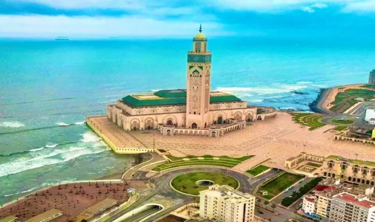 The Hassan II Mosque in Casablanca, Morocco, showcasing its grand architecture and coastal location.