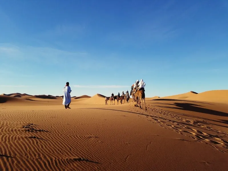 A group of travelers walking through a desert landscape, accompanied by camels, showcasing a Moroccan tour experience.
