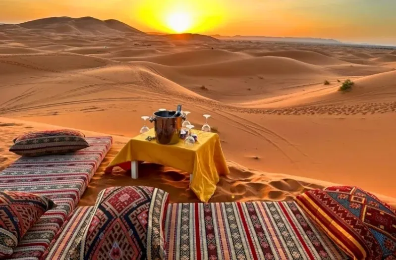 A table and chairs set in the desert at sunset, showcasing a serene scene for Morocco guided tours.