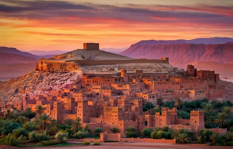 Sunset over the city of Atdhe, Morocco, showcasing vibrant colors and Luxury Morocco Tour experiences.
