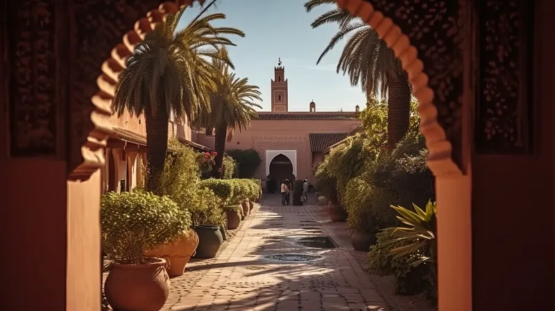 A courtyard in Marrakech, Morocco, featuring palm trees with a building visible in the background.