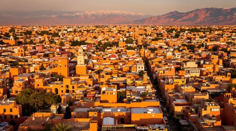 A panoramic view of Marrakech, showcasing its vibrant architecture and bustling streets in Morocco.