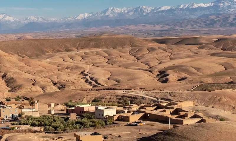 Expansive desert landscape in Morocco, showcasing golden dunes under a clear blue sky, ideal for a Marrakech desert tour.
