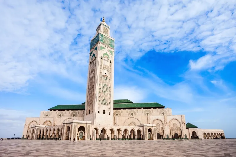The Hassan II Mosque in Casablanca, Morocco, showcasing its stunning architecture and coastal location.