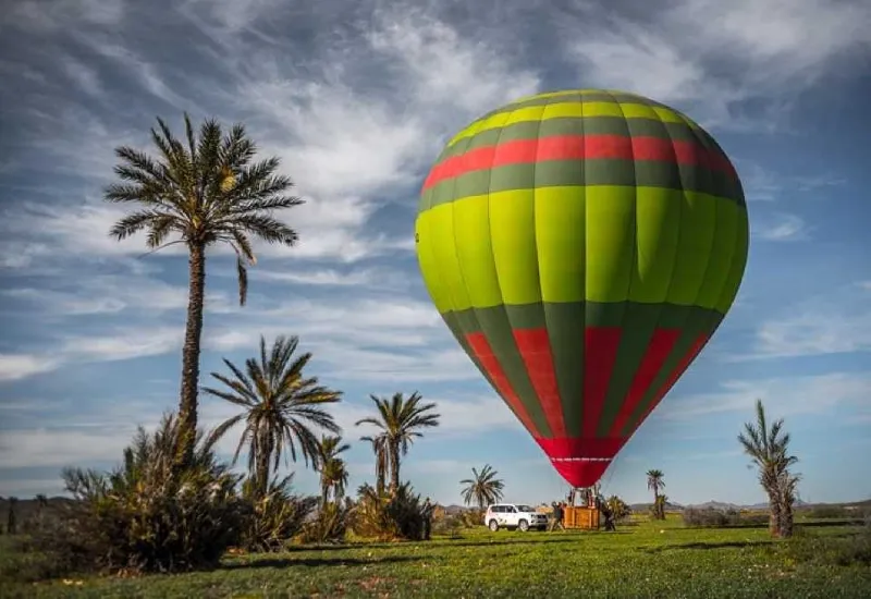A hot air balloon floats above a field of palm trees in Marrakech, showcasing the vibrant landscape from above.
