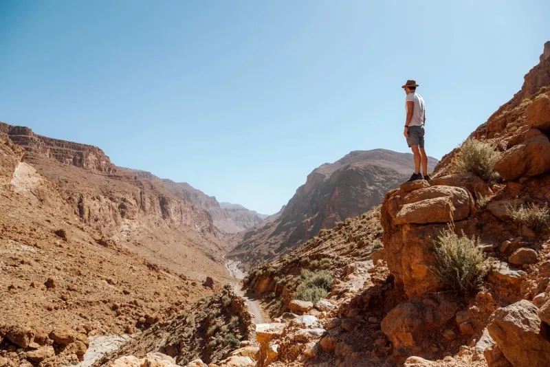 Man standing on the edge of a cliff overlooking the Todra Gorge in a vast desert landscape.
