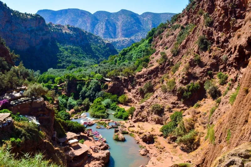 Scenic view of the Atlas Mountains in Ourika Valley, showcasing their natural beauty and rugged terrain.