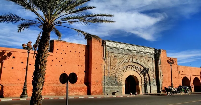 Ancient orange clay wall with an ornate arched gate under a blue sky. A palm tree and a horse-drawn carriage create a serene, historic atmosphere.