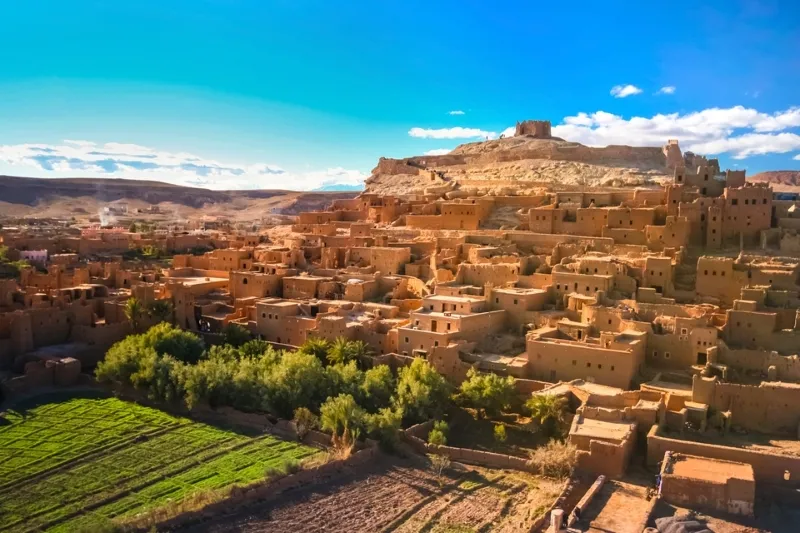 Ancient city of Atdhe in Morocco, showcasing its historical architecture near the scenic Ouzoud Cascades.
