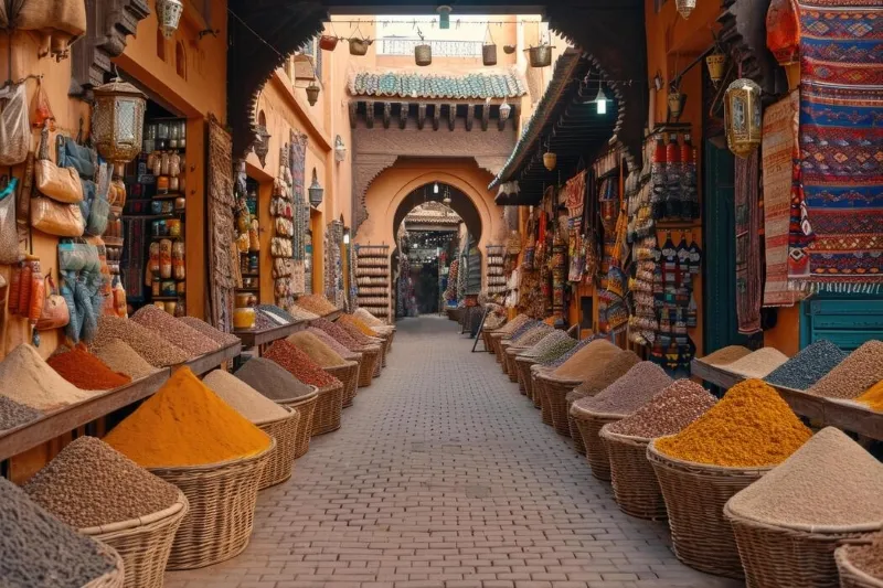 Vibrant spice Souk Marrakech , Morocco, showcasing colorful spices and bustling activity among local vendors.
